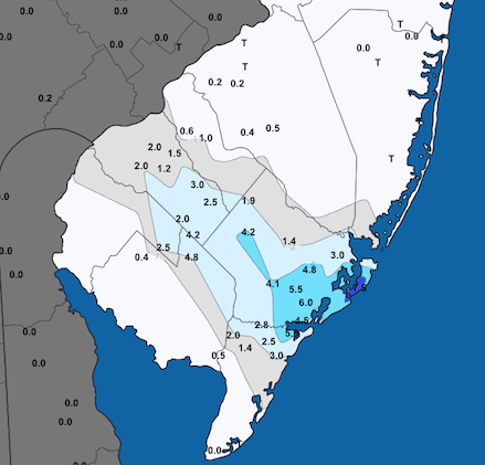 Snowfall map for December 5th southern NJ snow