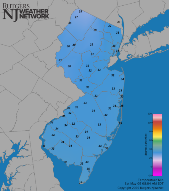 May 9th minimum temperature map