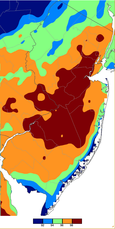 Annual maximum temperatures across NJ during 2024 based on a PRISM (Oregon State University) analysis generated using NWS, NJWxNet, and other professional weather stations.