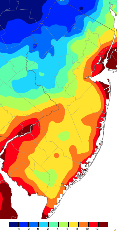 Annual minimum temperatures across NJ during 2024 based on a PRISM (Oregon State University) analysis generated using NWS, NJWxNet, and other professional weather stations.