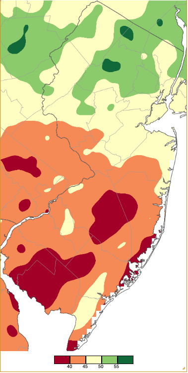 Annual 2024 precipitation across New Jersey based on a PRISM (Oregon State University) analysis generated using NWS Cooperative, CoCoRaHS, and NJWxNet weather station observations.