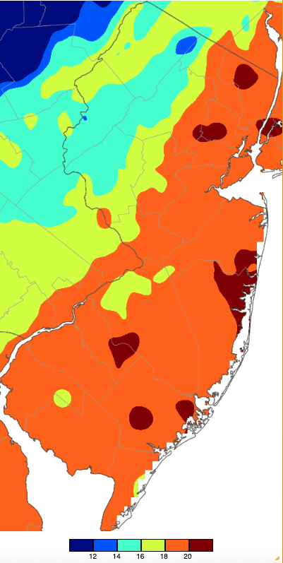 Annual minimum maximum temperatures across NJ during 2025 based on a PRISM (Oregon State University) analysis generated using NWS, NJWxNet, and other professional weather stations. The annual minimum high temperature occurred on different days at different locations.
