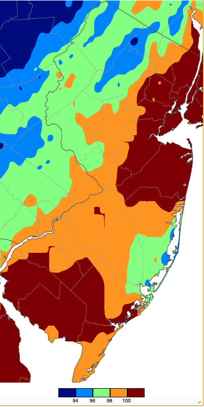 Annual maximum temperatures across NJ during 2025 based on a PRISM (Oregon State University) analysis generated using NWS, NJWxNet, and other professional weather stations. The annual maximum occurred on different days at different locations.