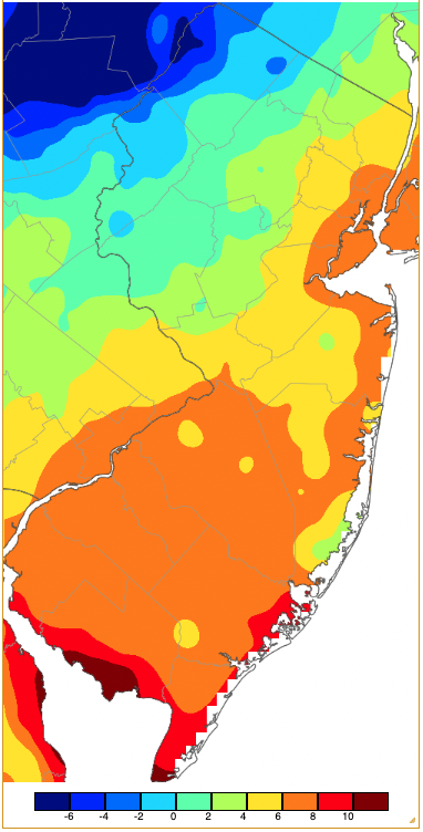 Annual minimum temperatures across NJ during 2022 based on a PRISM (Oregon State University) analysis generated using NWS, NJWxNet, and other professional weather stations.