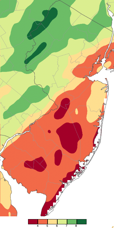 April 2022 precipitation across New Jersey based on a PRISM (Oregon State University) analysis generated using NWS Cooperative and CoCoRaHS observations from 7AM on March 31st to 7AM on April 30th (PM rainfall on March 31st is included in April totals).