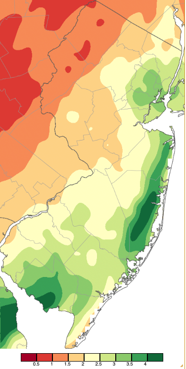 Precipitation across New Jersey from 8 AM on April 28th through 8 AM April 30th based on a PRISM (Oregon State University) analysis generated using NWS Cooperative, CoCoRaHS, NJWxNet, and other professional weather station observations.