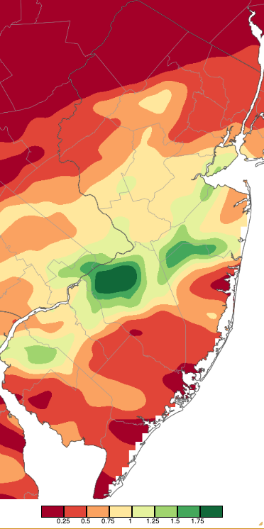 Precipitation across New Jersey from 8 AM on August 10th through 8 AM August 11th based on a PRISM (Oregon State University) analysis generated using NWS Cooperative, CoCoRaHS, NJWxNet, and other professional weather station observations.