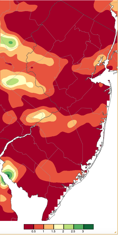 Precipitation across New Jersey from 8 AM on August 13th through 8 AM August 14th based on a PRISM (Oregon State University) analysis generated using NWS Cooperative, CoCoRaHS, NJWxNet, and other professional weather station observations.