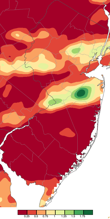Precipitation across New Jersey from 8 AM on August 15th through 8 AM August 17th based on a PRISM (Oregon State University) analysis generated using NWS Cooperative, CoCoRaHS, NJWxNet, and other professional weather station observations.
