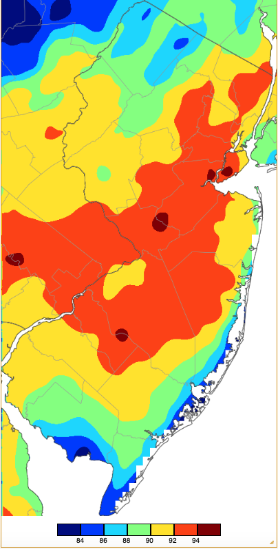Maximum temperatures on August 17th based on a PRISM (Oregon State University) analysis generated using NWS, NJWxNet, and other professional weather stations.