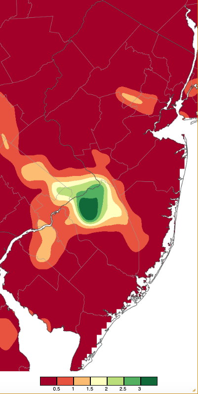 Precipitation across New Jersey from 8 AM on August 17th through 8 AM August 18th based on a PRISM (Oregon State University) analysis generated using NWS Cooperative, CoCoRaHS, NJWxNet, and other professional weather station observations.