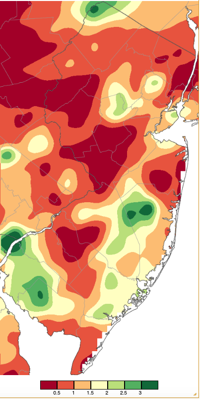 Precipitation across New Jersey from 8 AM on July 31st through 8 AM August 1st based on a PRISM (Oregon State University) analysis generated using NWS Cooperative, CoCoRaHS, NJWxNet, and other professional weather station observations.