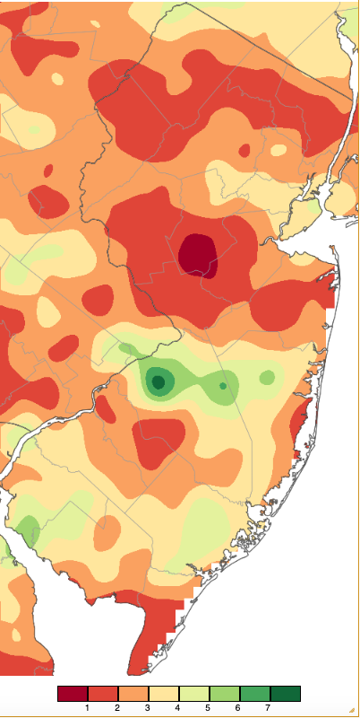 August 2025 precipitation across New Jersey based on a PRISM (Oregon State University) analysis generated using NWS Cooperative, CoCoRaHS, NJWxNet, and other professional weather station observations from approximately 8 AM on July 31st to 8 AM on August 31st.