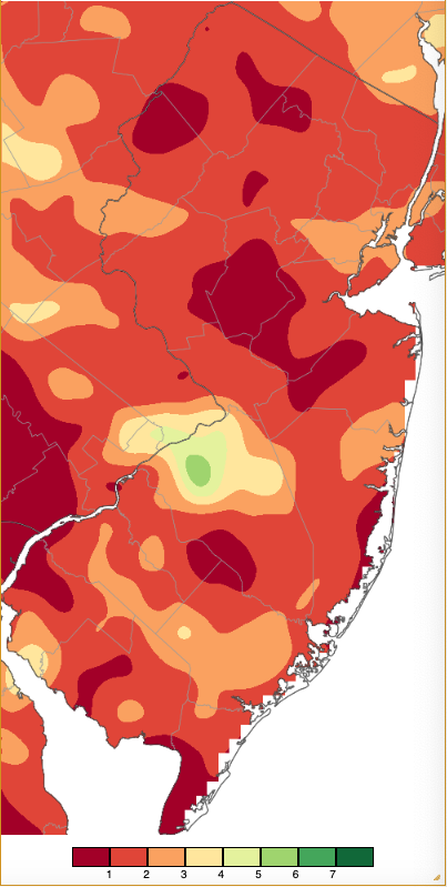 Precipitation across New Jersey based on a PRISM (Oregon State University) analysis generated using NWS Cooperative, CoCoRaHS, NJWxNet, and other professional weather station observations from approximately 8 AM on August 1st (excluding PM rain from July 31st) to 8 AM on August 31st.
