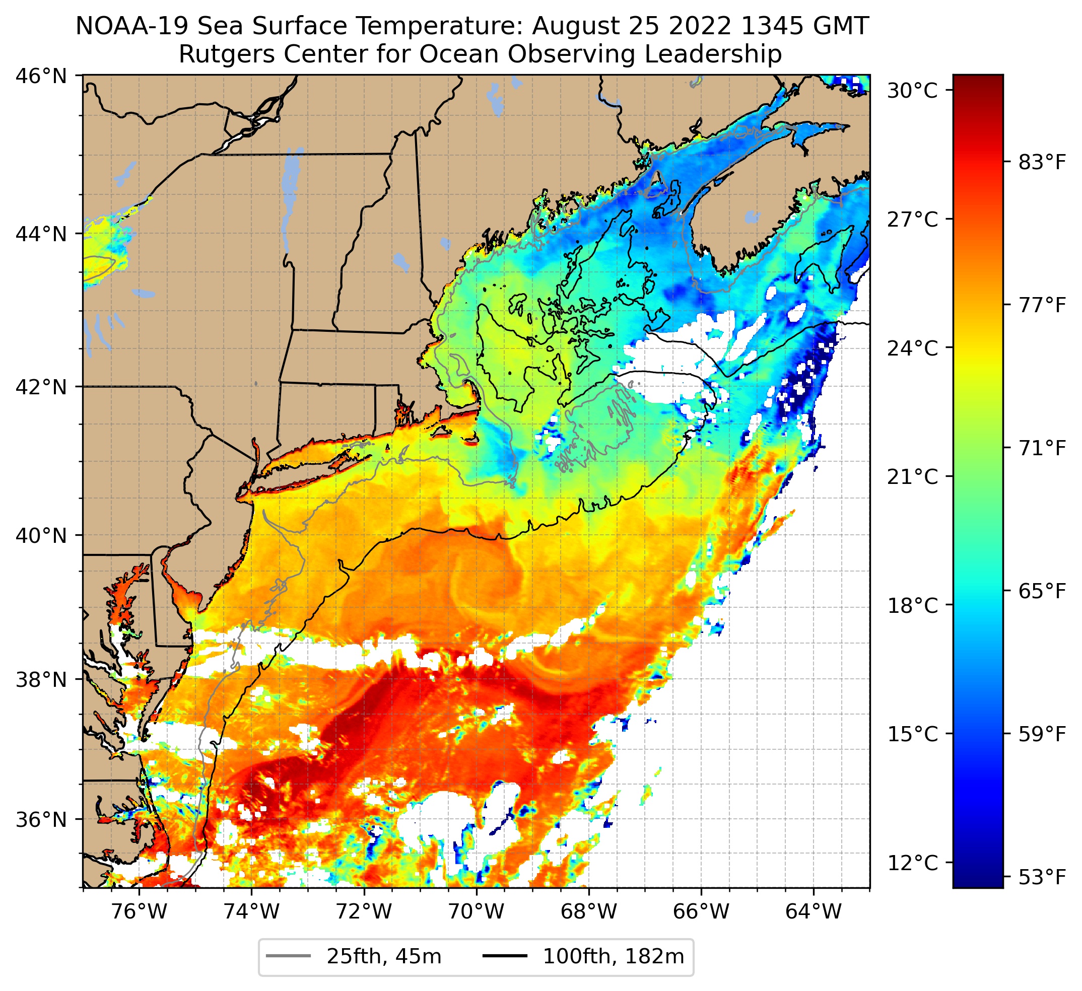 Sea Surface temperatures at 9:45 AM on August 25th based on data from the NOAA-19 satellite. Image courtesy of the Rutgers Center for Ocean Observing Leadership.