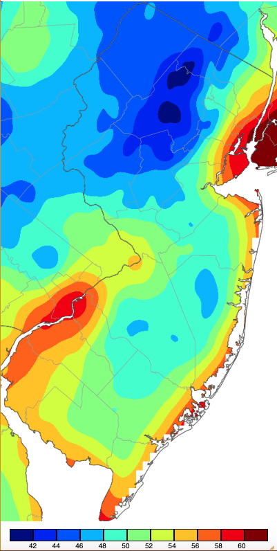 Minimum temperatures on August 31st based on a PRISM (Oregon State University) analysis generated using NWS, NJWxNet, and other professional weather stations.