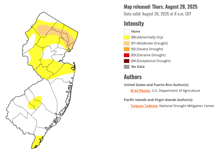 U.S. Drought Monitor map of conditions in NJ as of August 26th.