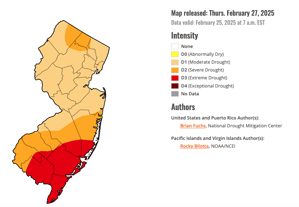 Figure 17. U.S. Drought Monitor map of conditions in NJ as of February 25, 2025.