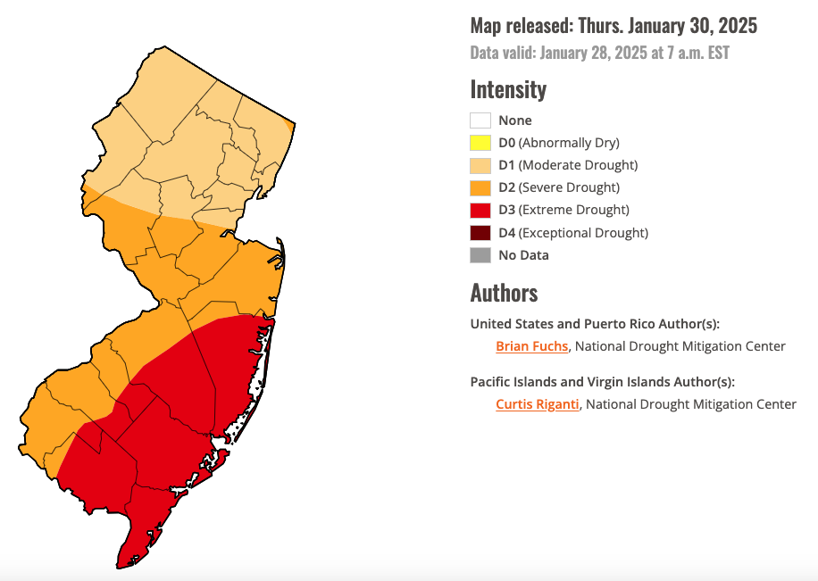 U.S. Drought Monitor map of conditions in NJ as of January 28, 2025.