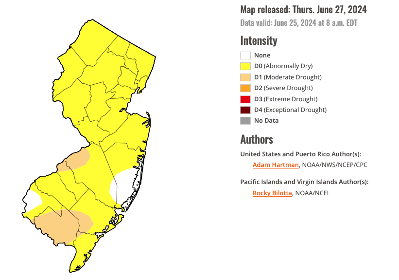 U.S. Drought Monitor map of conditions in NJ as of June 25th.
