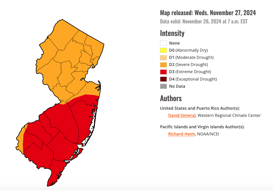 U.S. Drought Monitor map of conditions in NJ as of November 26, 2024.