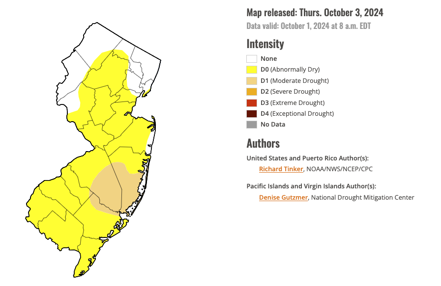 U.S. U.S. Drought Monitor map of conditions in NJ as of October 1, 2024.