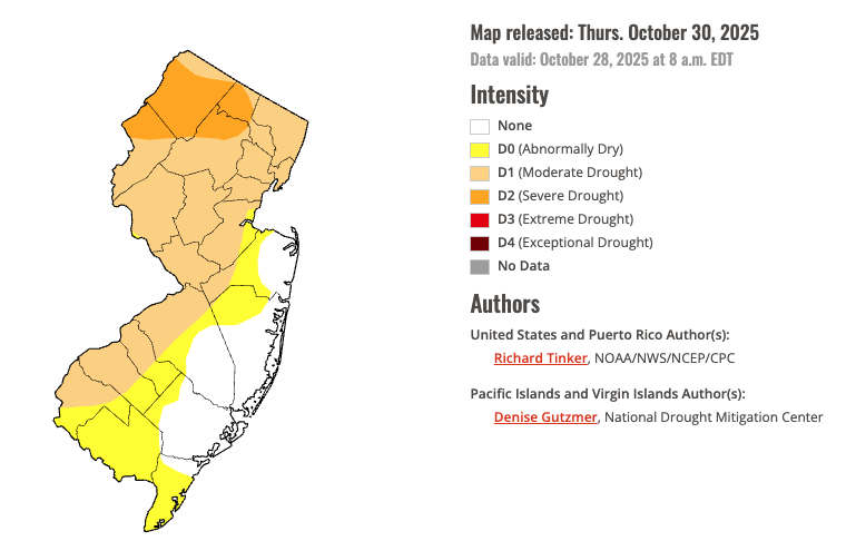 U.S. Drought Monitor map of conditions in NJ as of October 28, 2025.