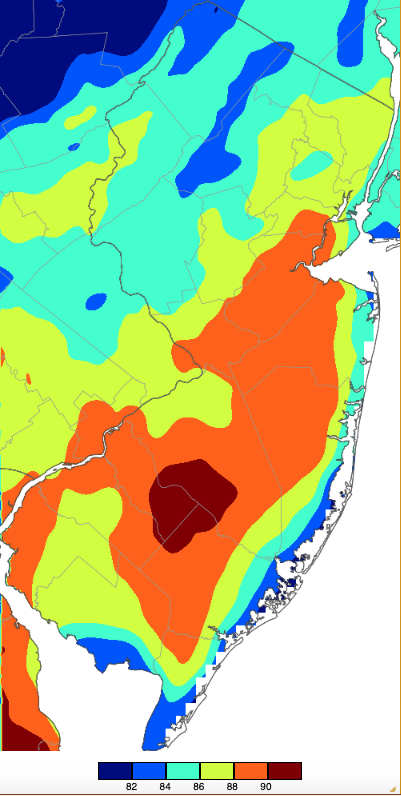 Figure 9. Extreme maximum temperatures during fall 2025 (September 1st–November 30th) based on a PRISM (Oregon State University) analysis generated using NWS, NJWxNet, and other professional weather stations. Seasonal maximum temperatures occurred on different days at different locations. Extreme maximum temperatures during fall 2025 (September 1st–November 30th) based on a PRISM (Oregon State University) analysis generated using NWS, NJWxNet, and other professional weather stations.