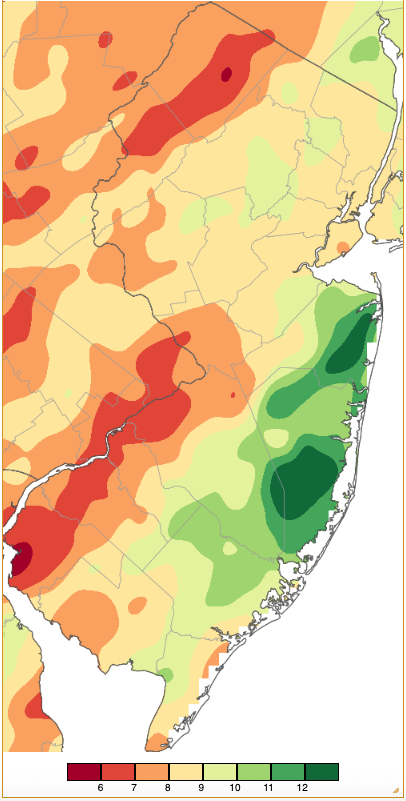 Figure 8. Fall 2025 precipitation across New Jersey from 8 AM on August 31st through 7 AM November 30th based on a PRISM (Oregon State University) analysis generated using generated using NWS Cooperative and CoCoRaHS observations. Note the scale in inches beneath the map. Fall 2025 precipitation across New Jersey from 8 AM on August 31st through 7 AM November 30th based on a PRISM (Oregon State University) analysis generated using generated using NWS Cooperative and CoCoRaHS observations.