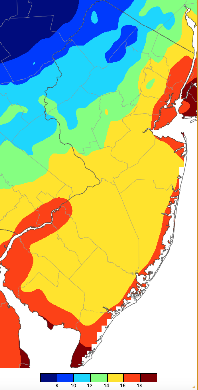 Minimum temperatures on February 19th based on a PRISM (Oregon State University) analysis generated using NWS, NJWxNet, and other professional weather stations.