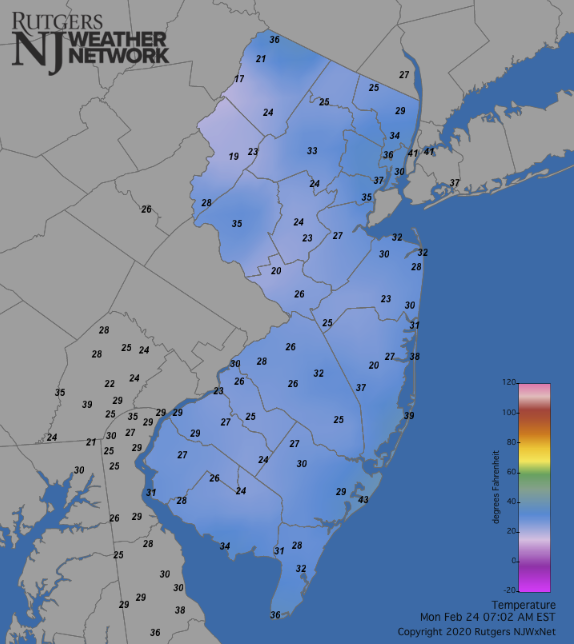 Temperatures across NJ and surrounding states at 7:00AM on February 24th. 