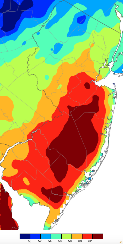 Maximum temperatures on February 27th based on a PRISM (Oregon State University) analysis generated using NWS, NJWxNet, and other professional weather stations.