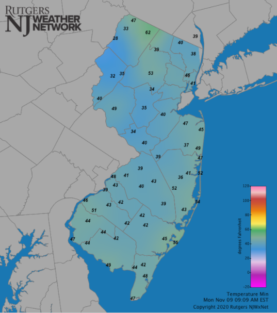 Daily minimum temperature map on November 9th