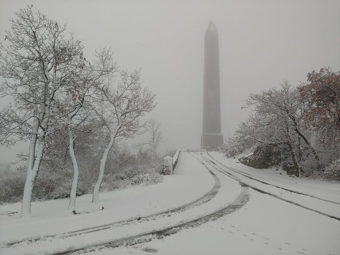 A snowy scene at High Point Monument on the morning of October 30th