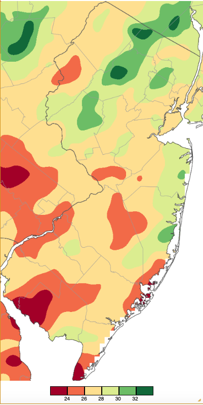 January–June 2024 precipitation across New Jersey based on a PRISM (Oregon State University) analysis generated using NWS Cooperative, CoCoRaHS, NJWxNet, and other professional weather station observations from 7 AM on December 31st to 8 AM on June 30th.