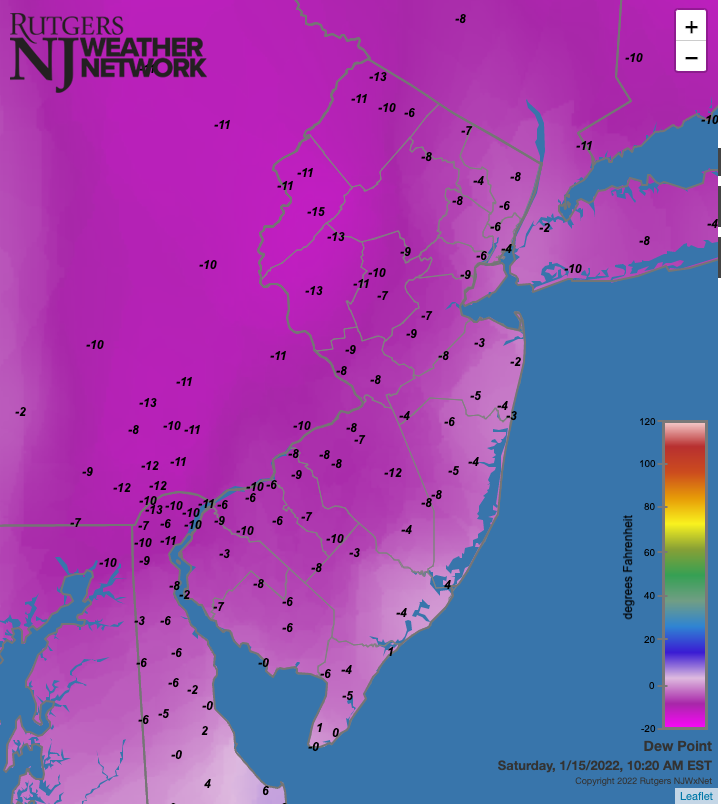 Dew point temperatures at 10:20 AM on January 15th from Rutgers NJ Weather Network, the Delaware Environmental Observing System network, and National Weather Service airport stations.