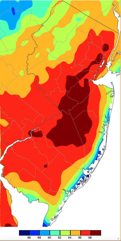 Maximum temperatures on July 16th based on a PRISM (Oregon State University) analysis generated using NWS, NJWxNet, and other professional weather stations.