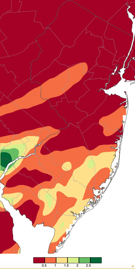 Precipitation across New Jersey from 8 AM on July 9th through 8 AM July 10th based on a PRISM (Oregon State University) analysis generated using NWS Cooperative, CoCoRaHS, NJWxNet, and other professional weather station observations.