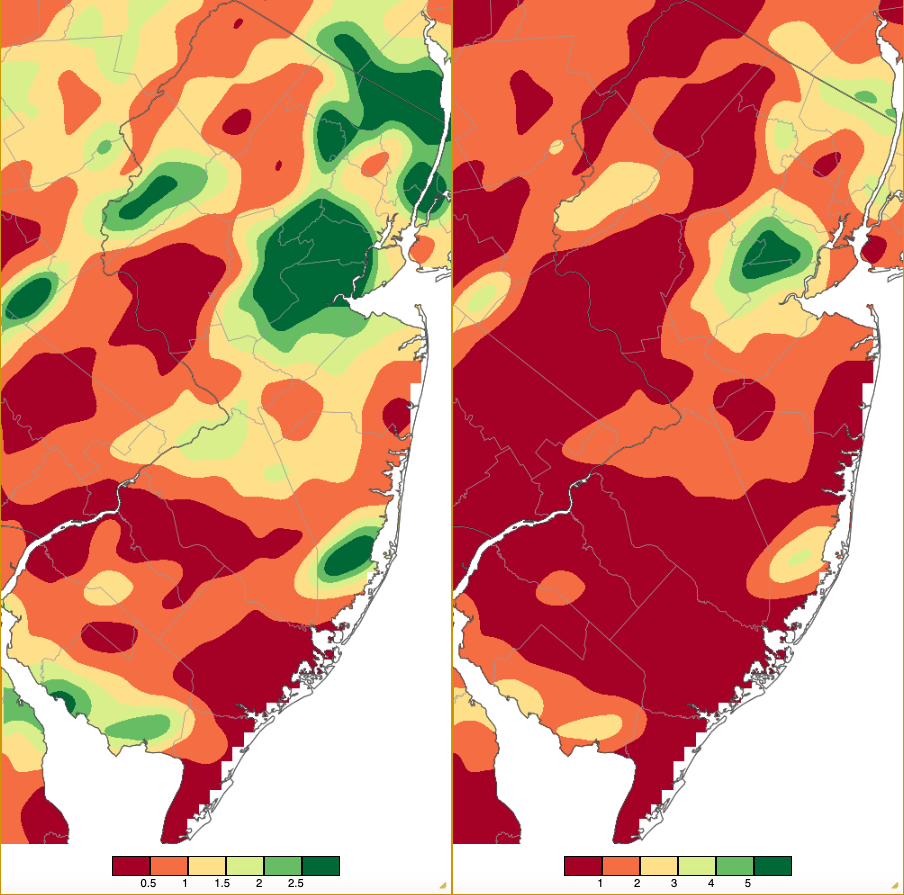 Precipitation across New Jersey from 8 AM on July 14th through 8 AM July 15th based on a PRISM (Oregon State University) analysis generated using NWS Cooperative, CoCoRaHS, NJWxNet, and other professional weather station observations.