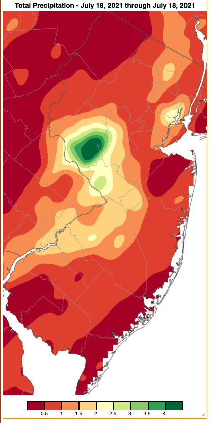 Rainfall from approximately 7 AM on July 17th to 7 AM on July 18th based on an analysis generated using NWS Cooperative and CoCoRaHS observations