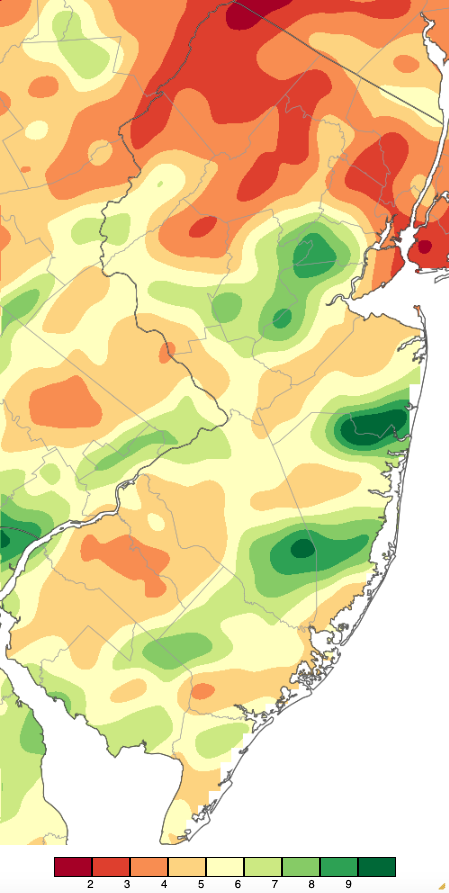 July 2025 precipitation across New Jersey based on a PRISM (Oregon State University) analysis generated using NWS Cooperative, CoCoRaHS, NJWxNet, and other professional weather station observations from approximately 8 AM on June 30th to 8 AM on July 31st.