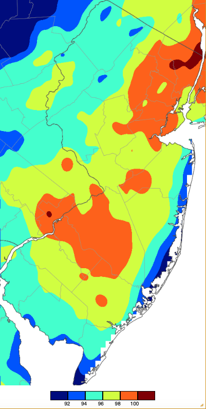 Maximum temperatures on July 29th based on a PRISM (Oregon State University) analysis generated using NWS, NJWxNet, and other professional weather stations.