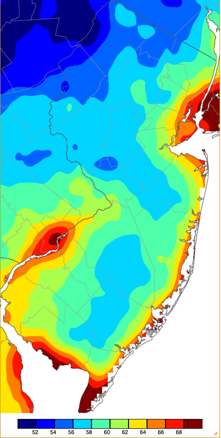 Minimum temperatures on July 5th based on a PRISM (Oregon State University) analysis generated using NWS, NJWxNet, and other professional weather stations.