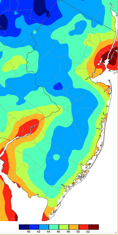 Figure 5. Minimum temperatures on June 2nd based on a PRISM (Oregon State University) analysis generated using NWS, NJWxNet, and other professional weather stations. Note the 2-degree scale beneath the map. Map showing minimum temperatures on June 2nd based on a PRISM (Oregon State University) analysis generated using NWS, NJWxNet, and other professional weather stations.