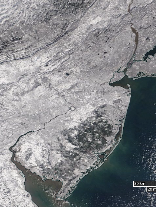 NASA MODIS visible satellite image on the morning of January 21st showing snow cover over all of New Jersey and surrounding states.