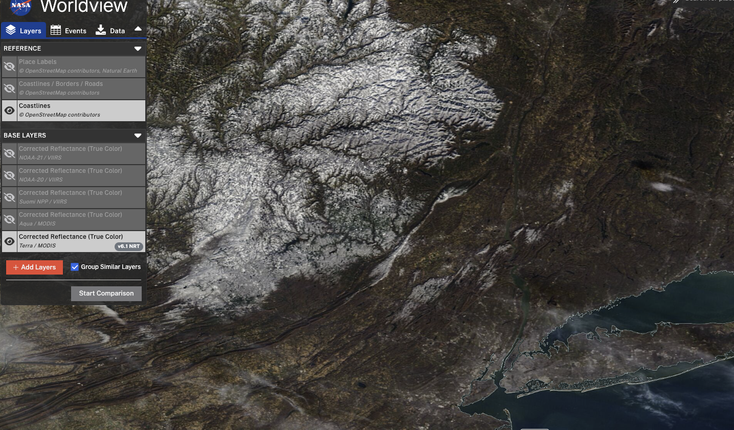 NASA MODIS visible image of northern NJ, southeast NY and northeast PA on the morning of November 25th showing remaining snow cover over the northern NJ Highlands and Kittatinny Ridge, southeast NY hills, the Poconos, and Catskills during the first day with clear skies following the 21st–22nd snowfall.