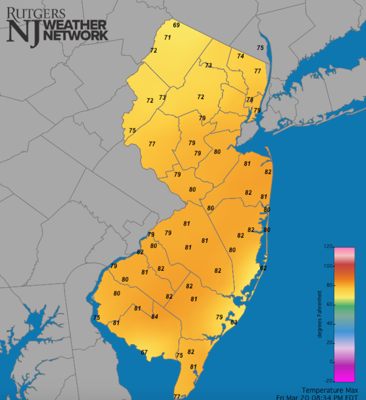  Maximum temperatures at NJWxNet stations on March 20th.