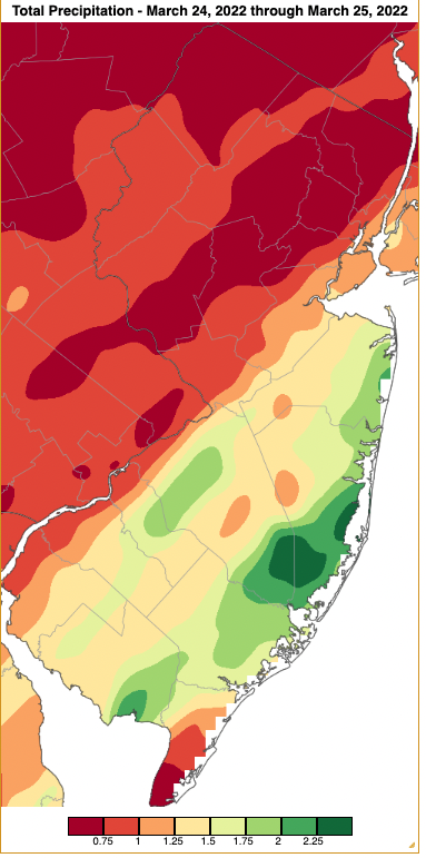 Precipitation across New Jersey from 7AM on March 23rd through 7AM March 25th based on a PRISM (Oregon State University) analysis generated using generated using NWS Cooperative and CoCoRaHS observations.