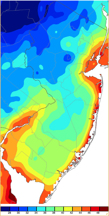 Minimum temperatures on May 18th based on a PRISM (Oregon State University) analysis generated using NWS, NJWxNet, and other professional weather stations.