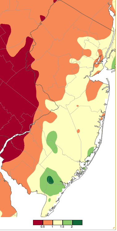 May 2–31, 2023, precipitation across New Jersey based on a PRISM (Oregon State University) analysis generated using NWS Cooperative, CoCoRaHS, NJWxNet, and other professional weather station observations from approximately 8 AM on May 1st to 8 AM on May 31st.